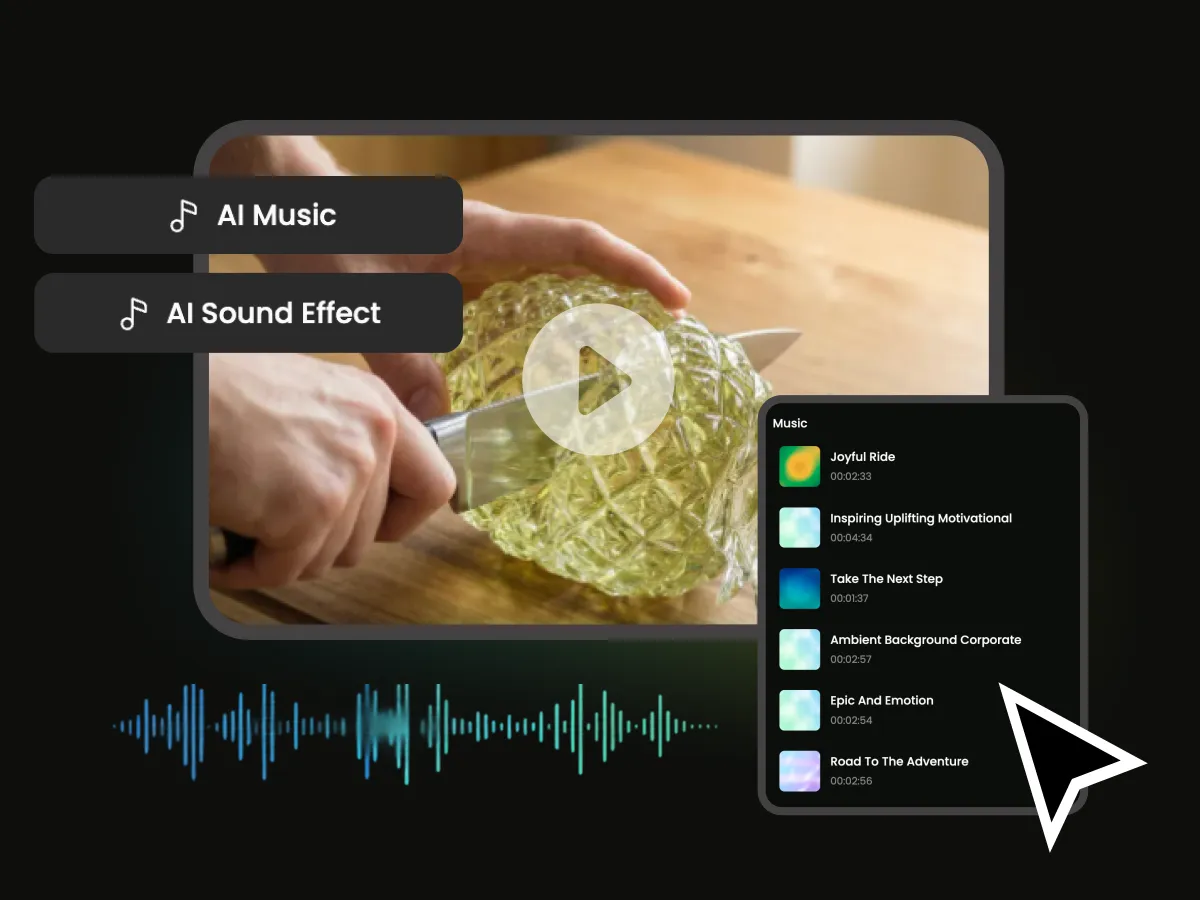Sistema de correspondência de áudio por IA selecionando música de fundo livre de direitos autorais e efeitos sonoros para segmentos de vídeo